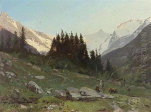 Gebirgslandschaft Mit Personen Und Kuhen. 1897. Gebirgslandschaft Mit Personen Und Kuhen. 1897.