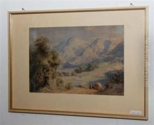 Gebirgslandschaft Mit Bauern, Einen Heuwagen Ziehend by Julius Zimmermann