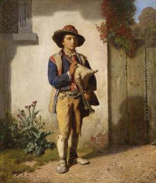 Savoyardenknabe Mit Dudelsack Vor Einer Hauswand - view 1