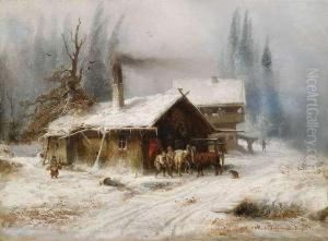 Wintry Landscapewith Horsemen At A Blacksmith's Shop.