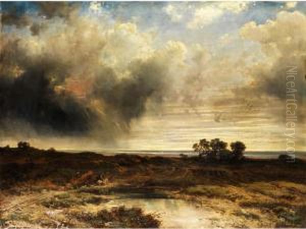 Flache Kustenlandschaft Mitheraufziehendem Gewitter Und Zwei Reitern An Einem Tumpel - view 1