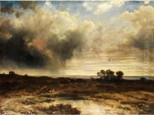 Flache Kustenlandschaft Mitheraufziehendem Gewitter Und Zwei Reitern An Einem Tumpel