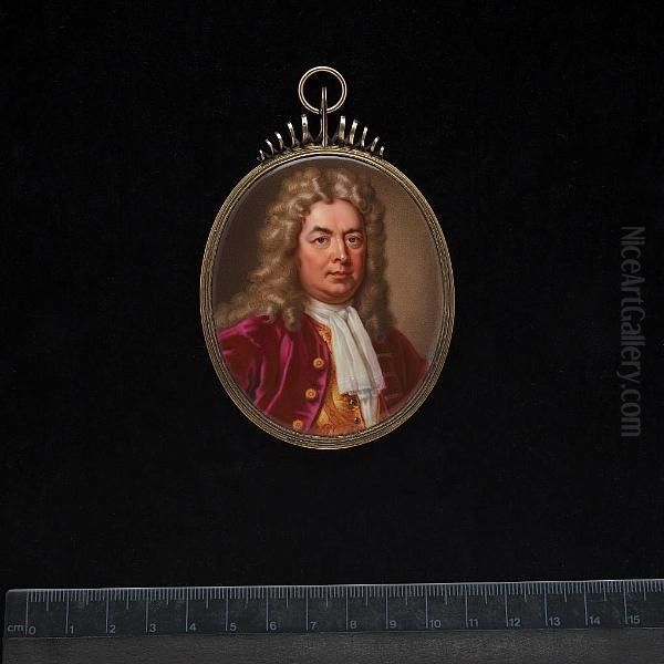 A Gentleman, Wearing Red Coat With Gilt Buttons, Patterned Yellow Waistcoat Over White Chemise And Tied White Cravat, With Natural Full-bottomed Wig. - view 1