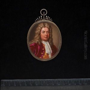 A Gentleman, Wearing Red Coat With Gilt Buttons, Patterned Yellow Waistcoat Over White Chemise And Tied White Cravat, With Natural Full-bottomed Wig. by Christian Friedrich Zincke