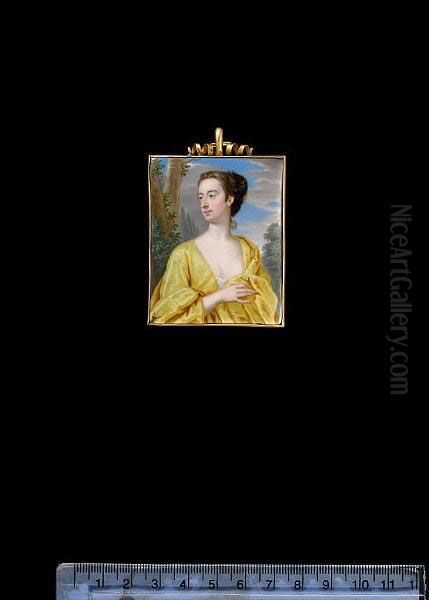 A Young Lady, Her Head Turning To The Right, Wearing Yellow Robe Over White Chemise, With Upswept Brown Hair, Against A Wooded Landscape. - view 1