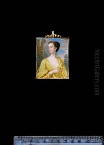 A Young Lady, Her Head Turning To The Right, Wearing Yellow Robe Over White Chemise, With Upswept Brown Hair, Against A Wooded Landscape. by Christian Friedrich Zincke