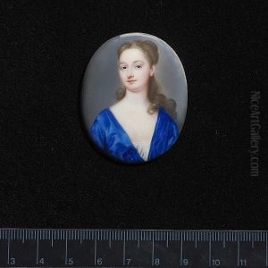A Lady, Wearing Blue Robe And White Underslip, Her Brown Hair Falling In Curls Over Her Left Shoulder. by Christian Friedrich Zincke
