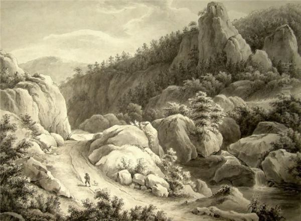 Wanderer In Einer Felslandschaft. Feder Und Schwarze Tinte - view 1