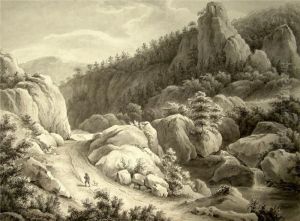 Wanderer In Einer Felslandschaft. Feder Und Schwarze Tinte