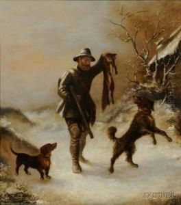 Huntsman With Fox And Hounds In Winter. by Victor Zippenfeld