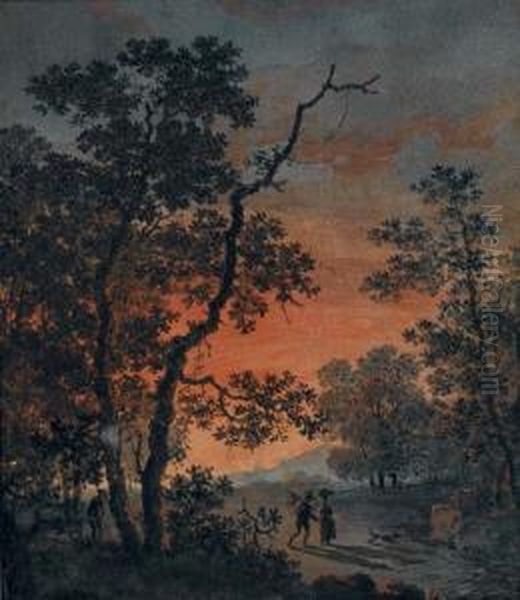 Un Homme Et Une Femme Sur Un Chemin Borde D'arbres Au Soleil Couchant - view 1