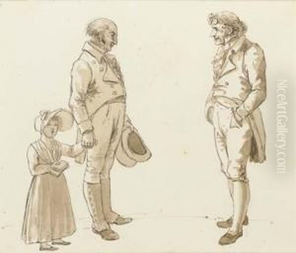 Un Homme Tenant Sa Fille Par La Main Saluant Dominique-vivant Denonavec Des Etudes Subsidiaires De L'homme En Train Des'incliner - view 1