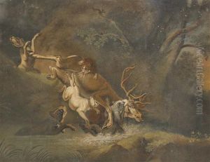 Depicting The Death Of A Stag, In Giltwood And Gesso Frame