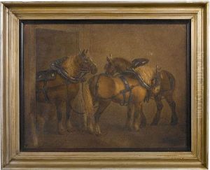 A Sand Picture Depicting Plough Horses 
The Two Horses In Their Harnesses, With Afurther Horse Behind, Signed by Benjamin Zobel