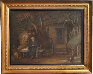 Man Seated Beneath The Branches Ofa Tree, A Dog By His Side, Beside The Entrance To A Thatchedcottage