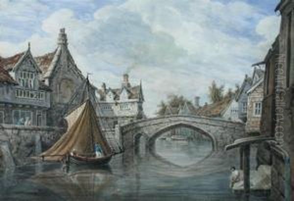 A Sailing Boat By A Bridge In A Dutch Town; And - view 1