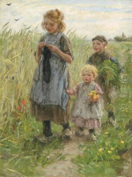 Three Children Walking In A Field - view 1
