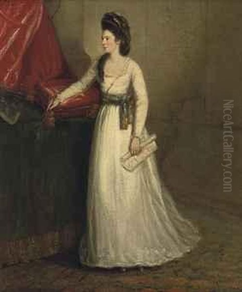 Portrait Of A Lady Traditionally Identified As Mrs. Elizabethsheridan (1754-1792), Full-length, In A White Dress, Her Right Armresting On A Cushion Holding A Brush, In An Interior - view 1