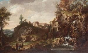 A Rocky River Landscape With Christ On The Road To Emmaus