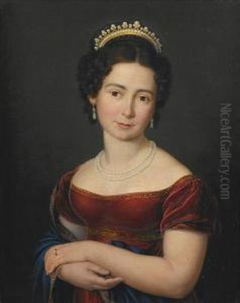 Portrait Of Marie Luise Victoire Prinzessin Von Sachsen-coburg-saalfeld, Later Of Leiningen And Then Duchess Of Kent, Half-length, In A Red Dress With A Blue Shawl, With A Pearl Necklace And A Tiara - view 1