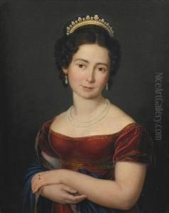 Portrait Of Marie Luise Victoire Prinzessin Von Sachsen-coburg-saalfeld, Later Of Leiningen And Then Duchess Of Kent, Half-length, In A Red Dress With A Blue Shawl, With A Pearl Necklace And A Tiara