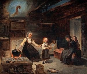 Interior With Woman And Children At A Kitchenhearth, Giving A Bowl Of Food To A Poor And Needy Woman And Herchildren