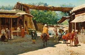 Horsemen And Figures At A Town Gate