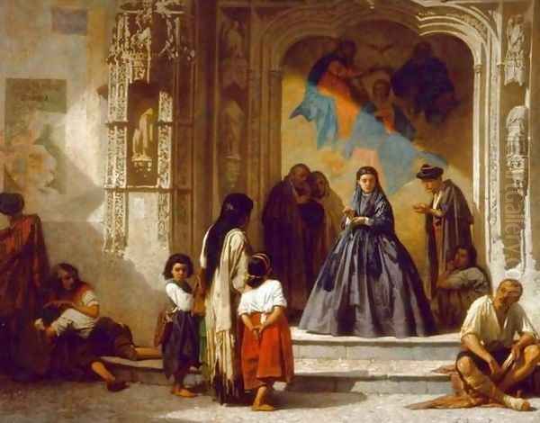 Young woman doing charity at the entrance to the chapel of the hospital in San Sebastian Cordoba - view 1