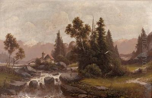 Alpine Landschaft Mit Hausern Am Bach - view 1