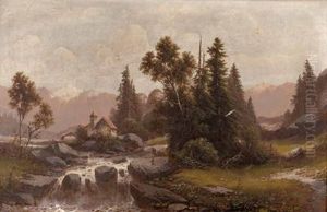 Alpine Landschaft Mit Hausern Am Bach Alpine Landschaft Mit Hausern Am Bach