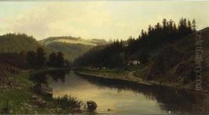 Cows Grazing Along A River In A Mountainous Landscape. by Emil Zschimmer