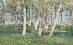 Figures In A Copse, A Village Beyond