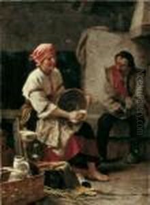 Bauerliches Interieur Mit Einem Jungen Paar.
 Signiert Und Datiert Oben Links: Juliusz Zuber
