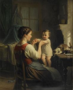 Mor Och Barn Med Katt by Fritz Zuber-Buhler