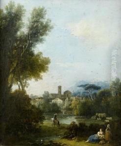 Two Shepherdesses Grazing Their Cattle In An Italianate Landscape, With A Horseman In The Distance And Classical Buildings On The Horizon