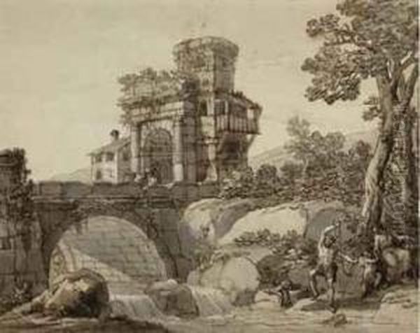 A Landscape With A Bridge And Classical Ruins In The Distance, Afamily Fishing By A Stream In The Foreground - view 1