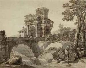 A Landscape With A Bridge And Classical Ruins In The Distance, Afamily Fishing By A Stream In The Foreground by Antonio Zucchi