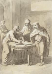 Four Men In An Interior, One Pointing At A Passage In A Book by Antonio Zucchi