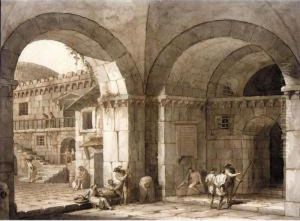 View In A Vaulted Entrance, With Various Figures, And A Courtyard Beyond by Antonio Zucchi