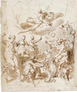 An Allegorical Subject, Possibly Commemorating A Marriage, With Jupiter Above And Various Figures Below, One Holding A Shield