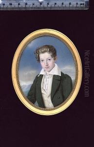 A Boy, Wearing Dark Green Coat, Cream Waistcoat And Pleated White Chemise With Wide Collar - view 1