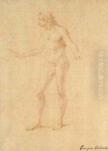 A male nude wearing a crown gesturing to the left