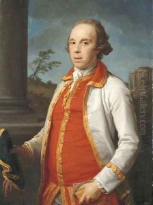 Portrait of Robert Udny (1722-1802), half-length, in a gold-trimmed coat, holding a hat and gloves in his right hand, the Temple of the Sybil at Tivol