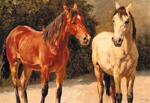 A grey and a chestnut pony in a landscape by Otto Bache