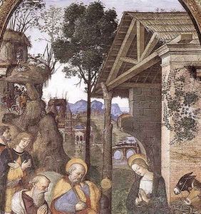 Adoration of the Christ Child (detail) c. 1490 by Bernardino di Betto (Pinturicchio)