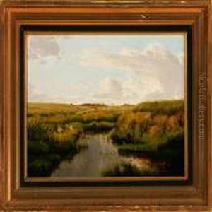 A Meadow Landscape With A Pair Of Storks At The Stream by Carl Frederick Aagaard