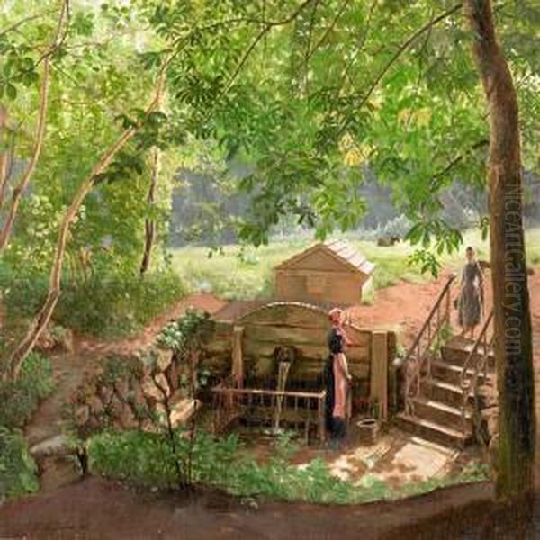 Two Young Girls Picking Up Water From A Spring In A Forest - view 1