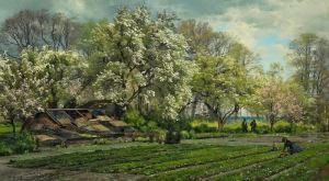Garden With Woman And Child. Signed C. F. Aagaard by Carl Frederick Aagaard