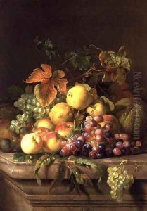 A Still Life of Melons, Grapes and Peaches on a Ledge by Jakab Bogdany