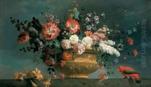 Flower piece with parrot by Jakab Bogdany